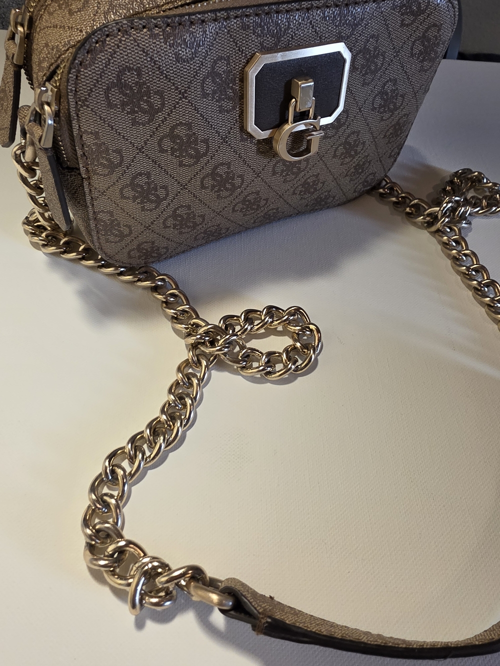 Guess Monogram Logo-Print Brown Crossbody Bag with Chain Strap